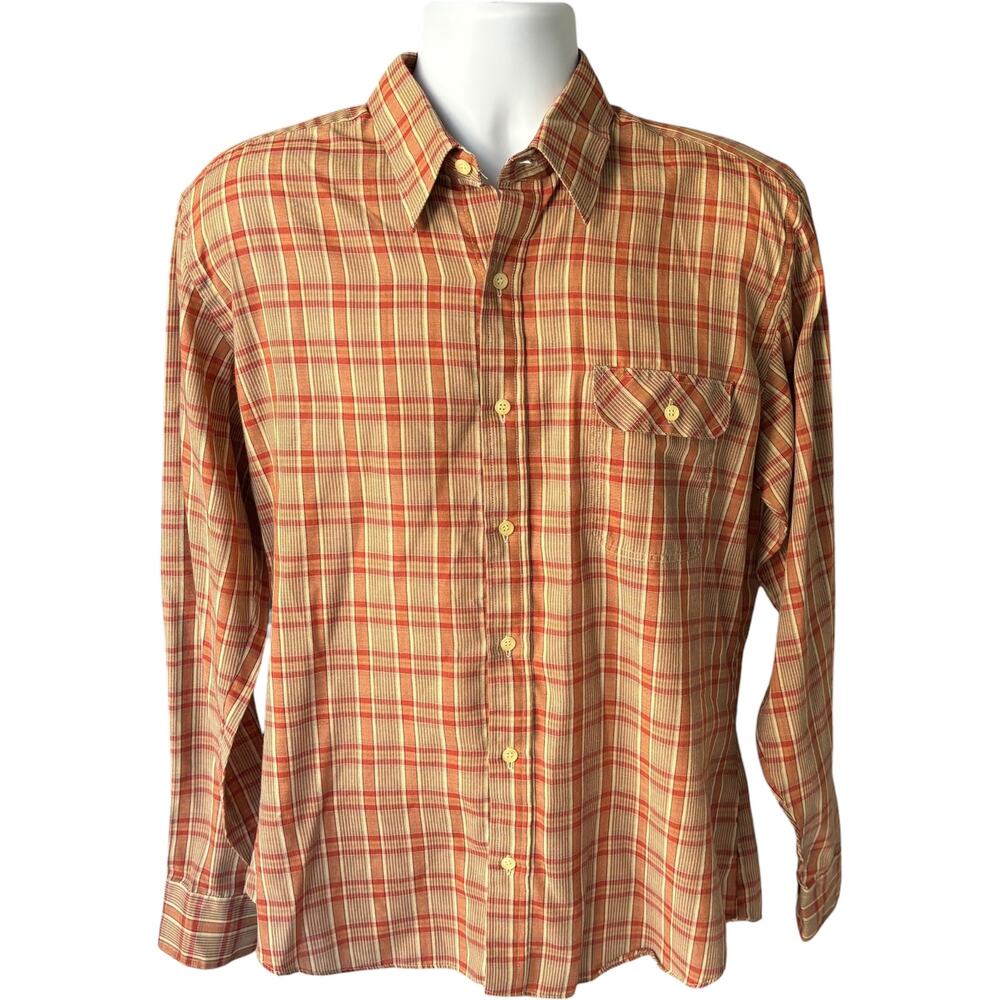 Arrow Brigade Medium 70s Plaid Shirt Orange Brown Fitted Retro Button Down